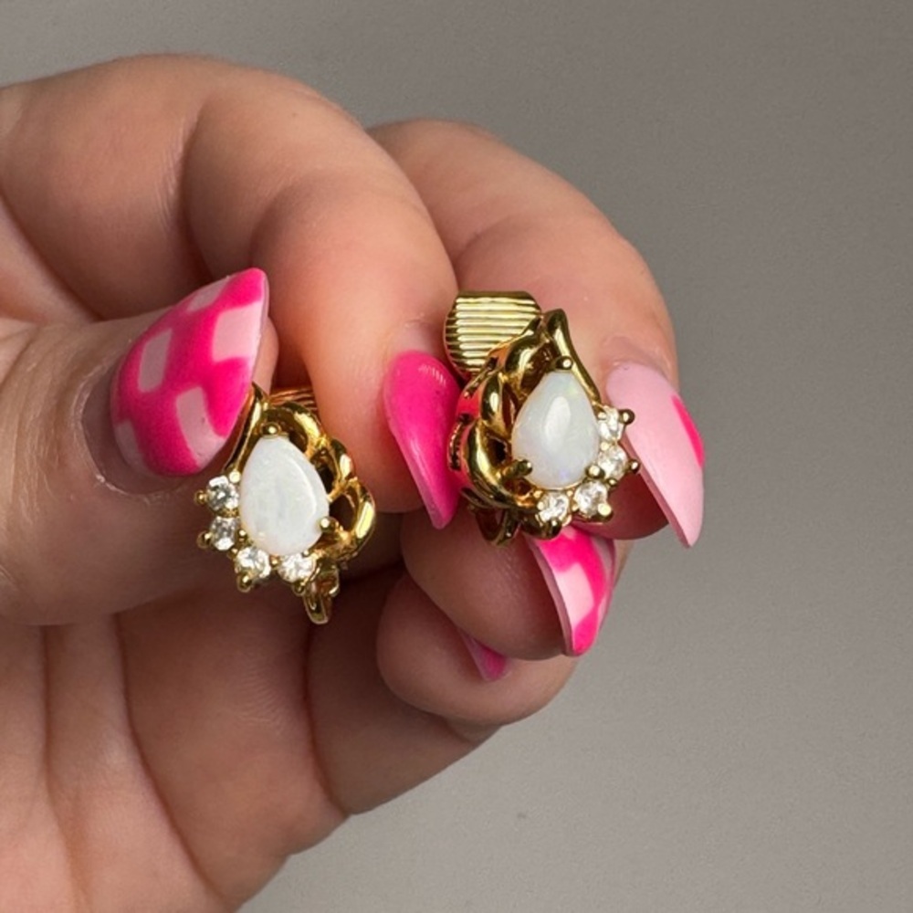 Vintage Opal Crystal Gold Clip On Earrings Antique Avante Garde